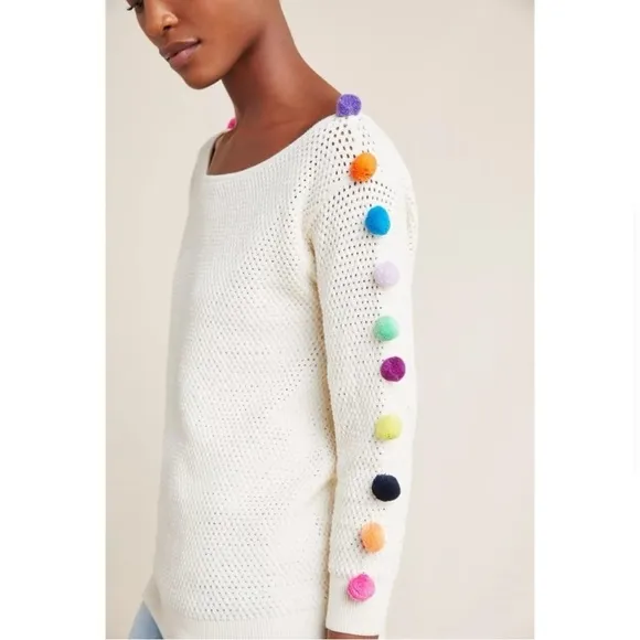 Anthropologie Emilia Pommed Pullover Sweater Small Pom Pom Boat Neck Whimsical