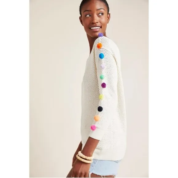 Anthropologie Emilia Pommed Pullover Sweater Small Pom Pom Boat Neck Whimsical