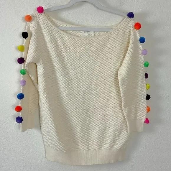 Anthropologie Emilia Pommed Pullover Sweater Small Pom Pom Boat Neck Whimsical