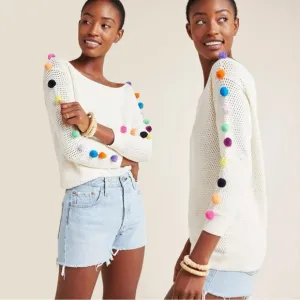 Anthropologie Emilia Pommed Pullover Sweater Small Pom Pom Boat Neck Whimsical