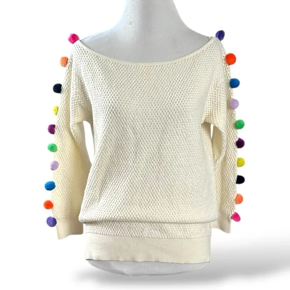 Anthropologie Emilia Pommed Pullover Sweater Small Pom Pom Boat Neck Whimsical