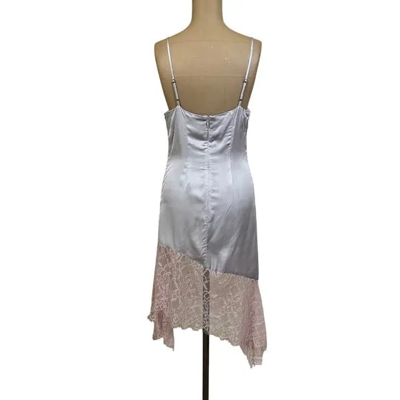Anthropologie Gray Satin Pink Lace Trim Spaghetti Strap Evening Cocktail Dress 0