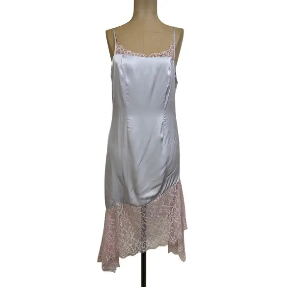 Anthropologie Gray Satin Pink Lace Trim Spaghetti Strap Evening Cocktail Dress 0