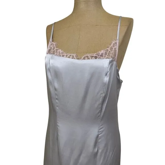Anthropologie Gray Satin Pink Lace Trim Spaghetti Strap Evening Cocktail Dress 0