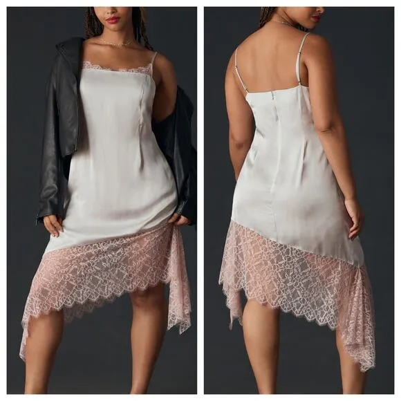 Anthropologie Gray Satin Pink Lace Trim Spaghetti Strap Evening Cocktail Dress 0