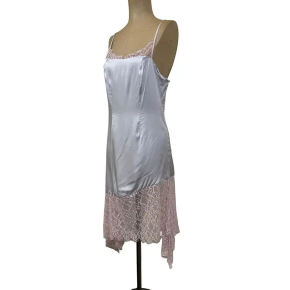 Anthropologie Gray Satin Pink Lace Trim Spaghetti Strap Evening Cocktail Dress 0