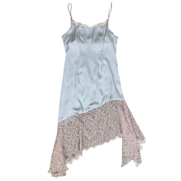 Anthropologie Gray Satin Pink Lace Trim Spaghetti Strap Evening Cocktail Dress 0