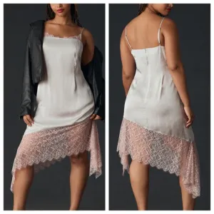 Anthropologie Gray Satin Pink Lace Trim Spaghetti Strap Evening Cocktail Dress 0