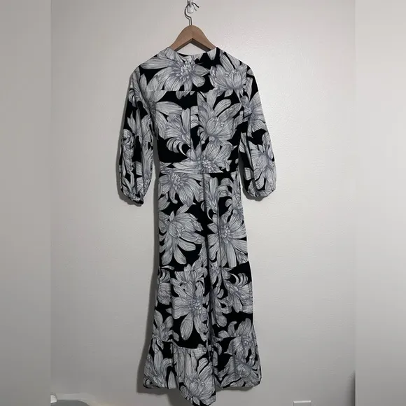 Anthropologie Maeve Puff-Sleeved Midi Dress tiered black white sz 6 100% cotton