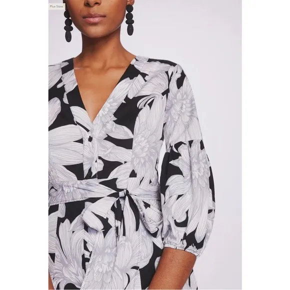 Anthropologie Maeve Puff-Sleeved Midi Dress tiered black white sz 6 100% cotton