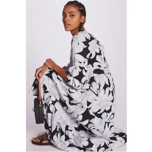 Anthropologie Maeve Puff-Sleeved Midi Dress tiered black white sz 6 100% cotton