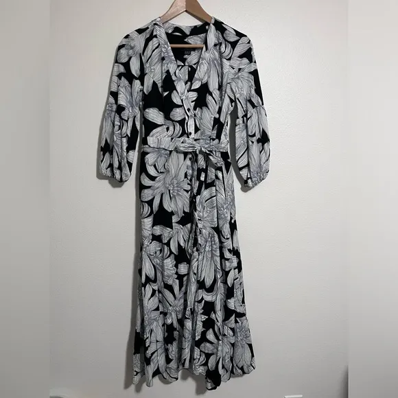 Anthropologie Maeve Puff-Sleeved Midi Dress tiered black white sz 6 100% cotton