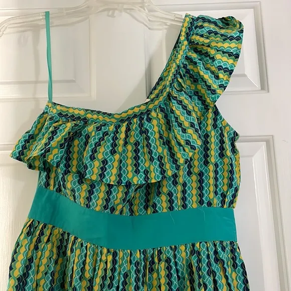 Anthropologie one shoulder ruffle sleeve empire waist short dress blue yellow S