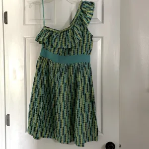 Anthropologie one shoulder ruffle sleeve empire waist short dress blue yellow S