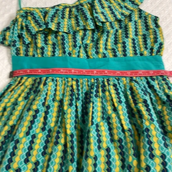 Anthropologie one shoulder ruffle sleeve empire waist short dress blue yellow S
