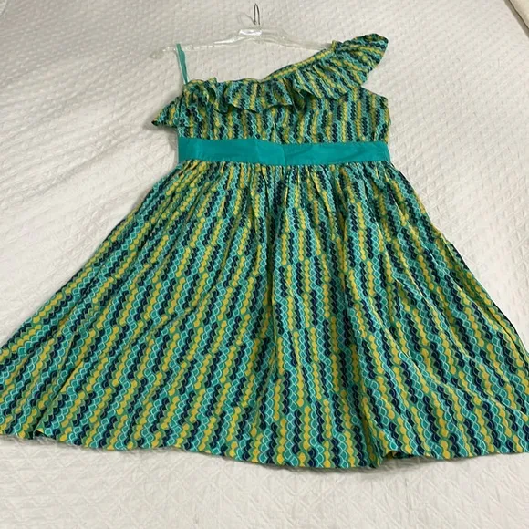 Anthropologie one shoulder ruffle sleeve empire waist short dress blue yellow S