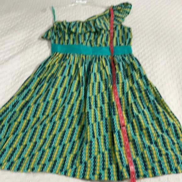 Anthropologie one shoulder ruffle sleeve empire waist short dress blue yellow S
