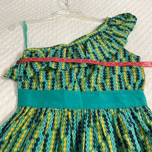 Anthropologie one shoulder ruffle sleeve empire waist short dress blue yellow S