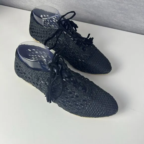 Anthropologie Pilcro Black Lace-Up Woven Almond Toe Flats Oxford Women's Size 39