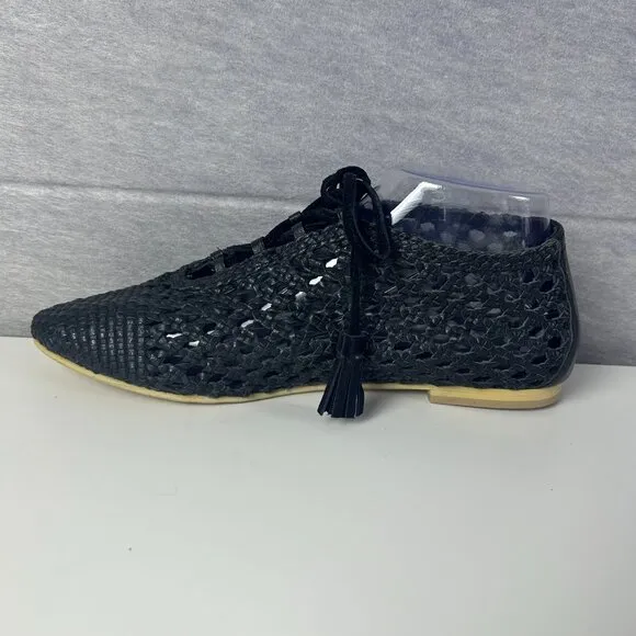 Anthropologie Pilcro Black Lace-Up Woven Almond Toe Flats Oxford Women's Size 39