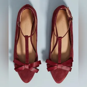 Anthropologie t strap suede burgundy strappy pointed toe flats size 8.5