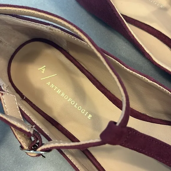 Anthropologie t strap suede burgundy strappy pointed toe flats size 8.5