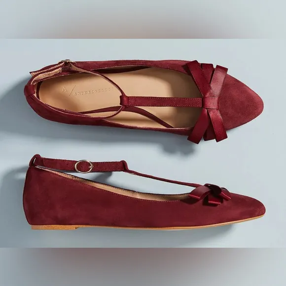 Anthropologie t strap suede burgundy strappy pointed toe flats size 8.5