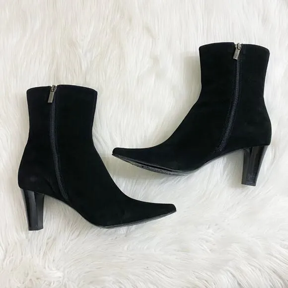 Aquatalia Black Suede Pointy Toe High Heel Boots Side Zip Made in Italy Size 9.5