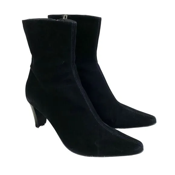Aquatalia Black Suede Pointy Toe High Heel Boots Side Zip Made in Italy Size 9.5