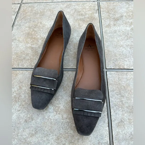 Aquatalia Mindy Gray Suede Pointed Square Toe Flats Size 7