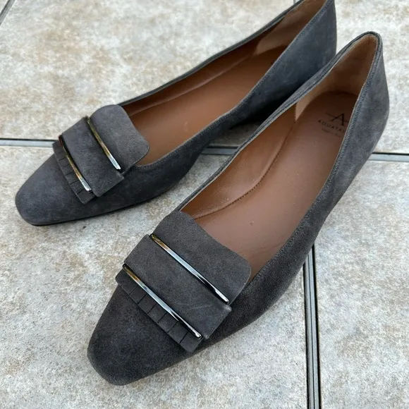 Aquatalia Mindy Gray Suede Pointed Square Toe Flats Size 7