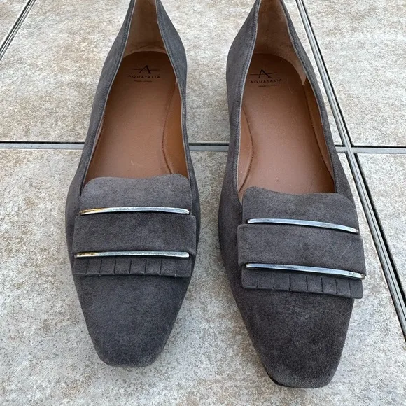 Aquatalia Mindy Gray Suede Pointed Square Toe Flats Size 7