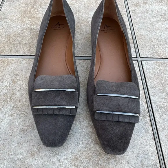 Aquatalia Mindy Gray Suede Pointed Square Toe Flats Size 7
