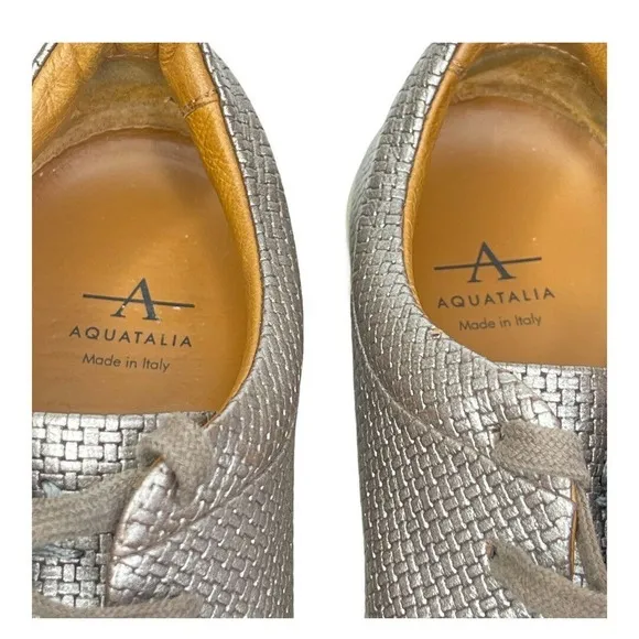 Aquatalia Women Silver Avery Gunmetal Weatherproof Leather Metallic Sneaker 10