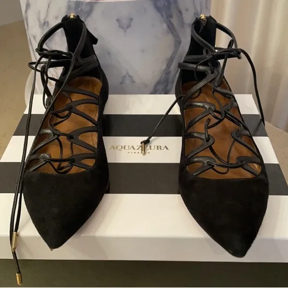 Aquazurra Firenze Lace-up Black Suede Pointed Toe Flats