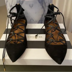 Aquazurra Firenze Lace-up Black Suede Pointed Toe Flats