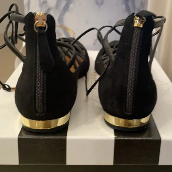 Aquazurra Firenze Lace-up Black Suede Pointed Toe Flats