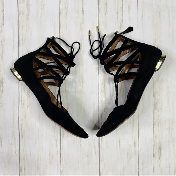 Aquazzura Black Firenze Belgravia Lace Up Ballet Flats