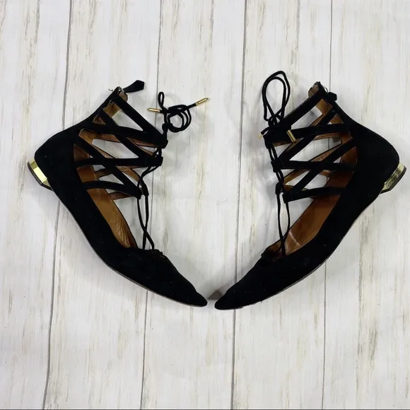 Aquazzura Black Firenze Belgravia Lace Up Ballet Flats