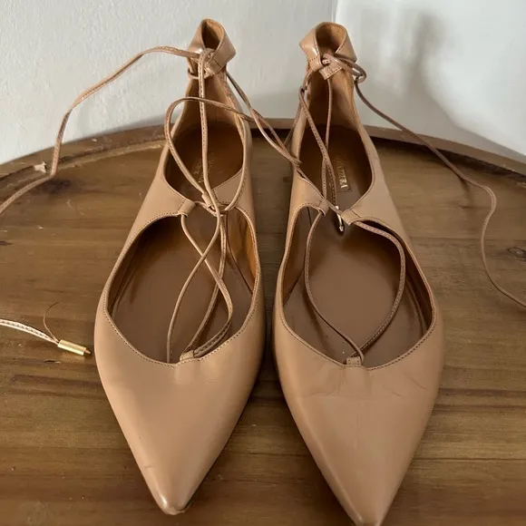 Aquazzura Tan Flats with Ankle Lacing