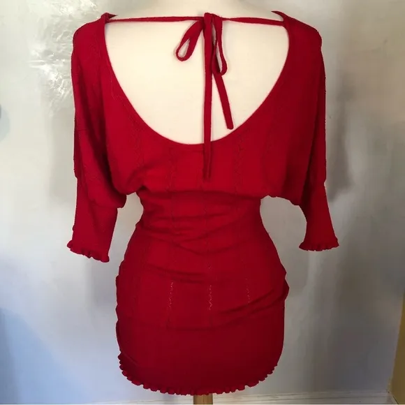 Arden B Red boat neck sweater dress with ruffle hem on sleeves &amp; hem Size Small