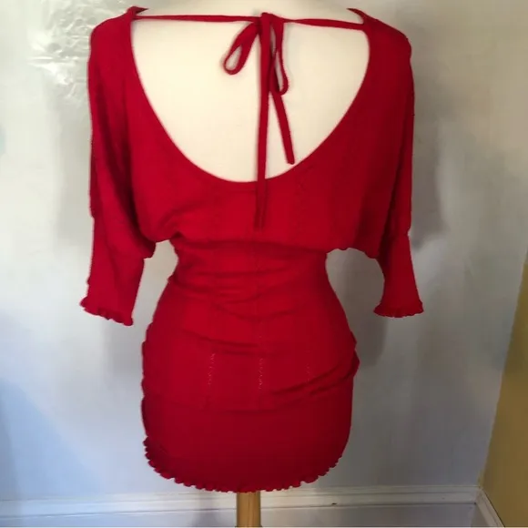 Arden B Red boat neck sweater dress with ruffle hem on sleeves &amp; hem Size Small