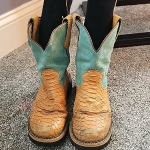 Ariat Turquoise and Tan Snakeskin Print Cowboy Boots