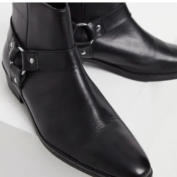 ASOS DESIGN Men’s Cuban Heel Black Leather Harness Boots 10 / EU 43 / UK 9