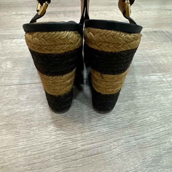 Authentic Fendi Leather Pequin Slingback Espadrille Wedges Size 39