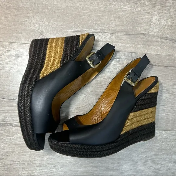 Authentic Fendi Leather Pequin Slingback Espadrille Wedges Size 39