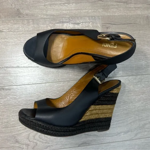 Authentic Fendi Leather Pequin Slingback Espadrille Wedges Size 39