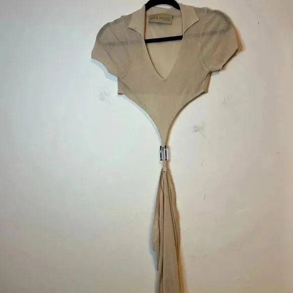 Aya Muse Cut Out Bella Dress in Sand Semi Sheer with hardware size XS