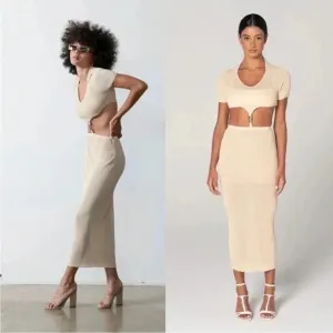 Aya Muse Cut Out Bella Dress in Sand Semi Sheer with hardware size XS