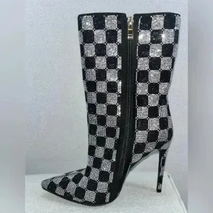 AZALEA WANG BOOTS STILETTO CHECKERS BLK RHINESTONE SIDE ZIP POINT TOE FABULOUS